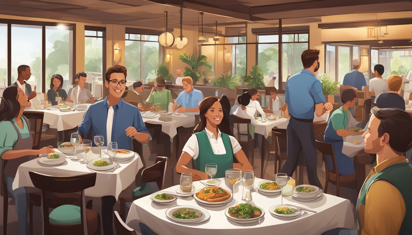 The bustling restaurant buzzes with chatter and clinking dishes. Servers move gracefully, attending to each table with warmth and efficiency
