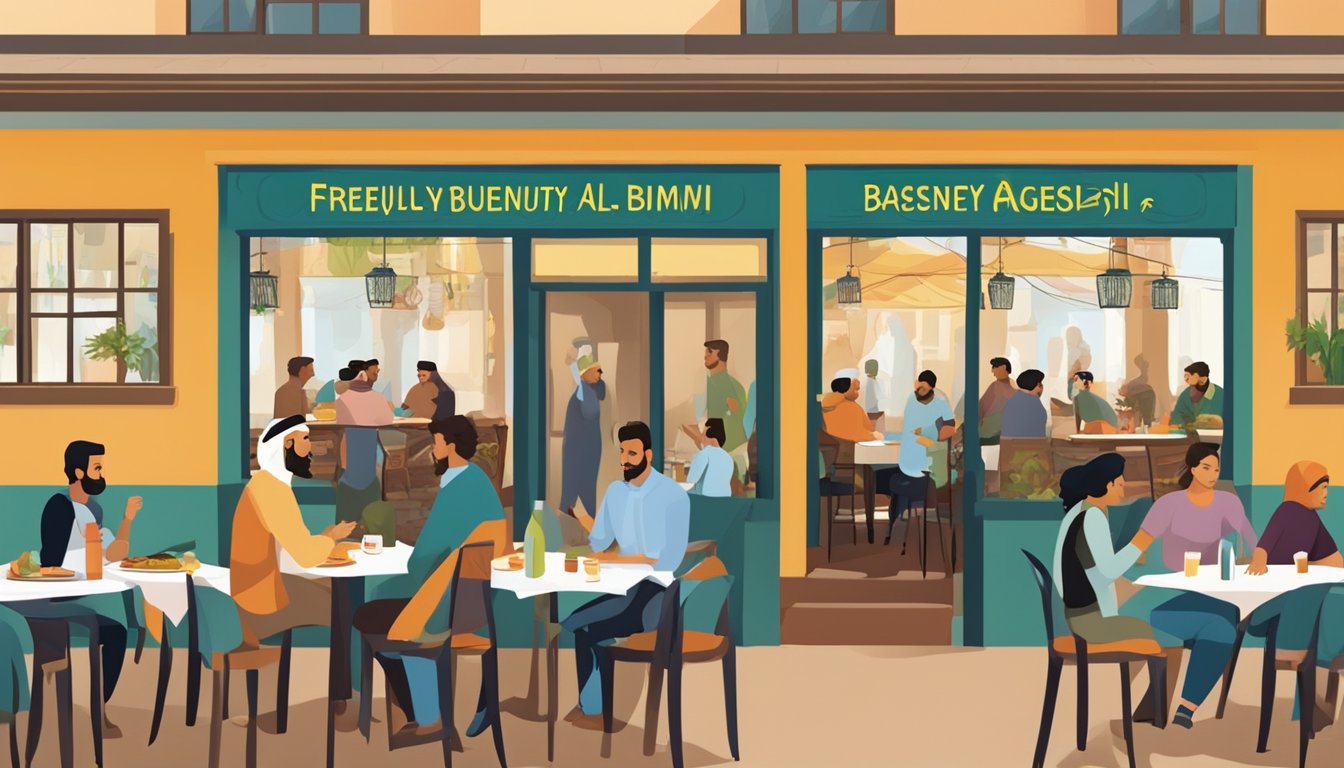 A bustling restaurant with a sign "Frequently Asked Questions al bismi" above the entrance. Diners enjoying Middle Eastern cuisine at colorful tables