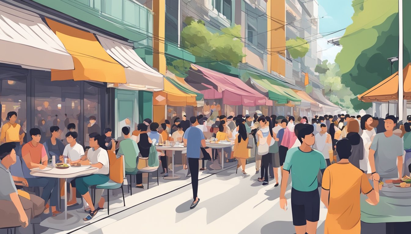 A bustling street lined with trendy restaurants in Singapore, with crowds of people eagerly waiting to dine at the hottest spots