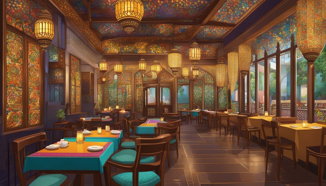 Vibrant arabic restaurant in Singapore with ornate decor, colorful mosaic tiles, and intricate lanterns casting warm light. Tables adorned with rich fabrics and exotic spices fill the bustling space