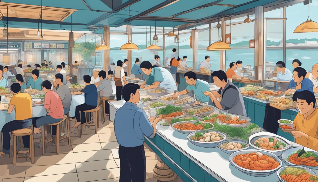 Customers savoring fresh seafood dishes at a bustling, affordable restaurant in Singapore, with colorful displays of various seafood options on ice
