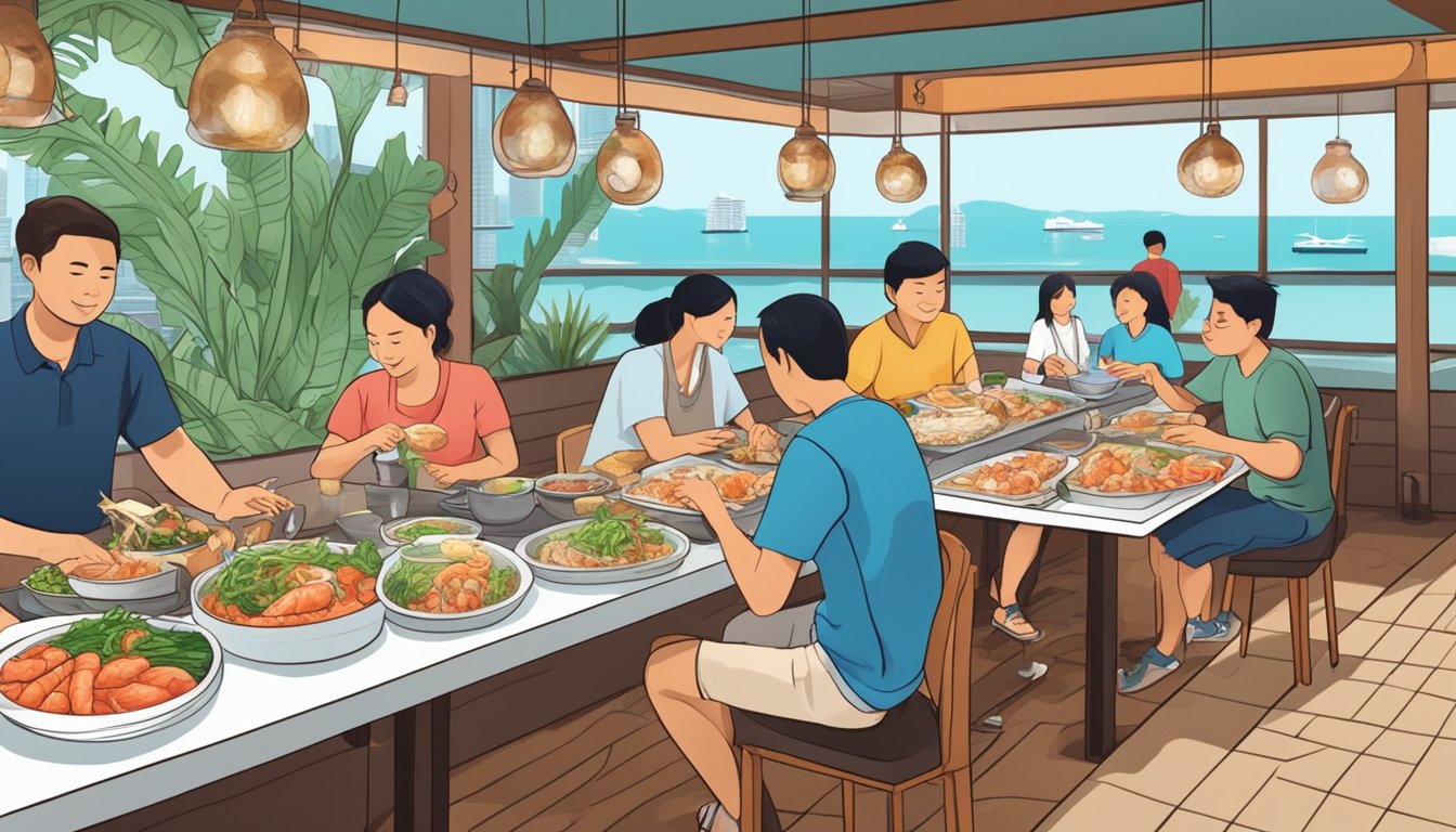Customers enjoying a variety of fresh seafood dishes in a casual, inviting atmosphere at an affordable seafood restaurant in Singapore