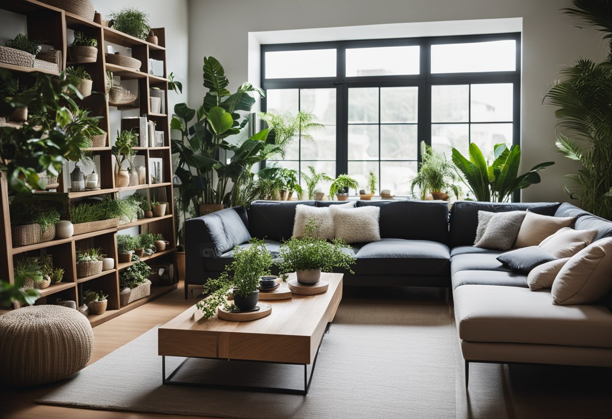 A cozy living room with modern Kawah furniture, a sleek sofa, and a coffee table, surrounded by shelves filled with decor and plants