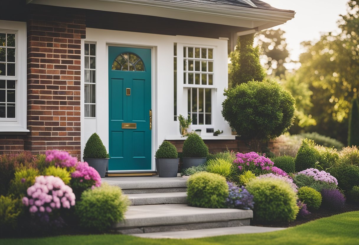 A house with a fresh coat of paint, new windows, and a modern front door. Landscaping includes a tidy lawn and colorful flowers
