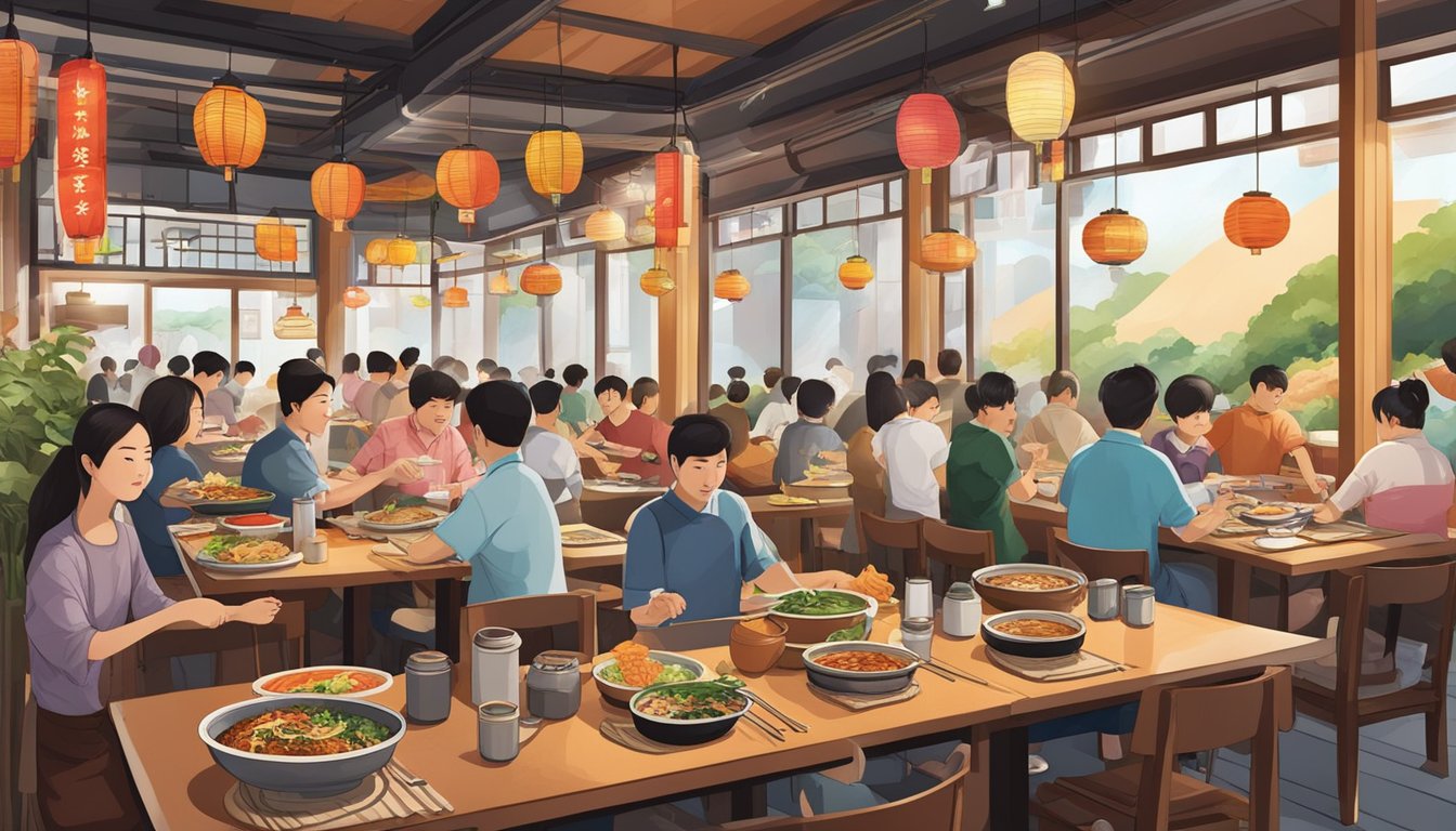 A bustling Korean restaurant in Singapore, adorned with traditional decor and filled with the aroma of sizzling meats and spicy kimchi. Tables are crowded with colorful dishes and steaming bowls of bibimbap