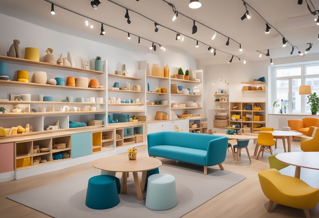 A bright and modern showroom filled with colorful and playful Scandinavian kids' furniture. Clean lines, natural materials, and functional designs create a welcoming and stylish space