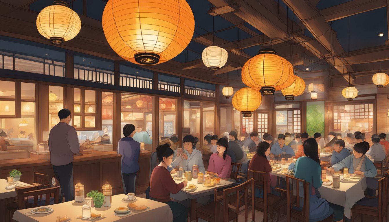 The bustling restaurant is filled with the aroma of sizzling bulgogi and the sound of sizzling kimchi pancakes. Traditional Korean lanterns hang from the ceiling, casting a warm glow over the diners enjoying their cultural delights