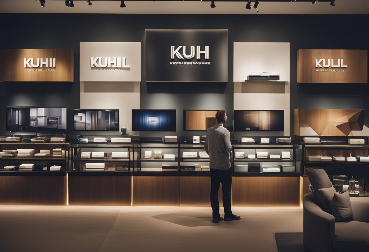 A customer browsing through a kuhl furniture store, looking at various pieces and reading a "Frequently Asked Questions" section on a display