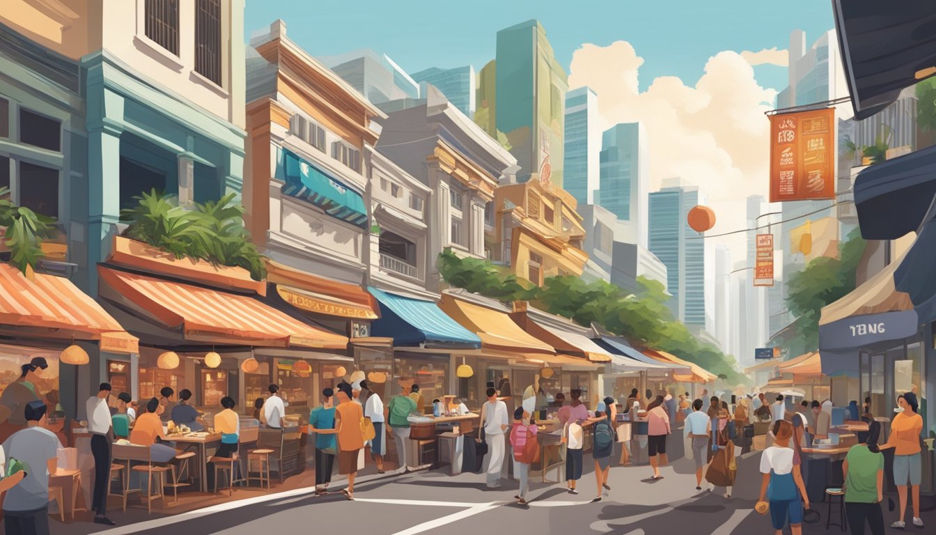 A bustling Singapore street lined with iconic American restaurants, featuring vibrant signs and bustling crowds, capturing the fusion of American cuisine and local culture