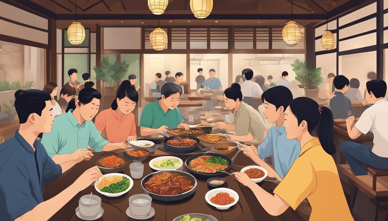 Customers enjoying traditional Korean dishes at an authentic restaurant in Singapore, with servers bustling about and the aroma of sizzling meats filling the air