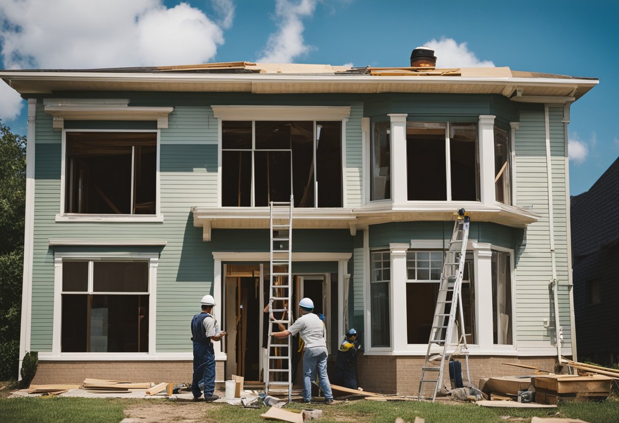 A house being renovated with workers painting, replacing windows, and adding new siding