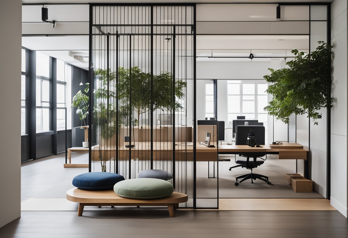 A sleek, minimalist office space with sliding shoji screens, low desks, and floor cushions. A mix of traditional and modern elements, with clean lines and natural materials