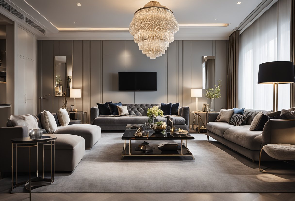 A living room with modern, high-end furniture arranged in a stylish and inviting manner. Bright lighting and decorative accents add to the luxurious ambiance