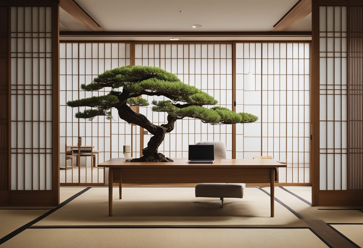 A minimalist office with sliding shoji screens, tatami mats, and bonsai trees, blending traditional and modern elements