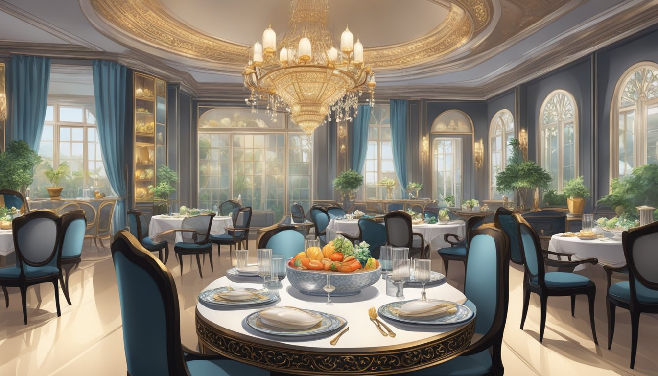 Elegant interior with dim lighting, sleek furniture, and ornate decor. Tables set with fine china and crystal glassware. A display of premium Asian dishes and exotic ingredients