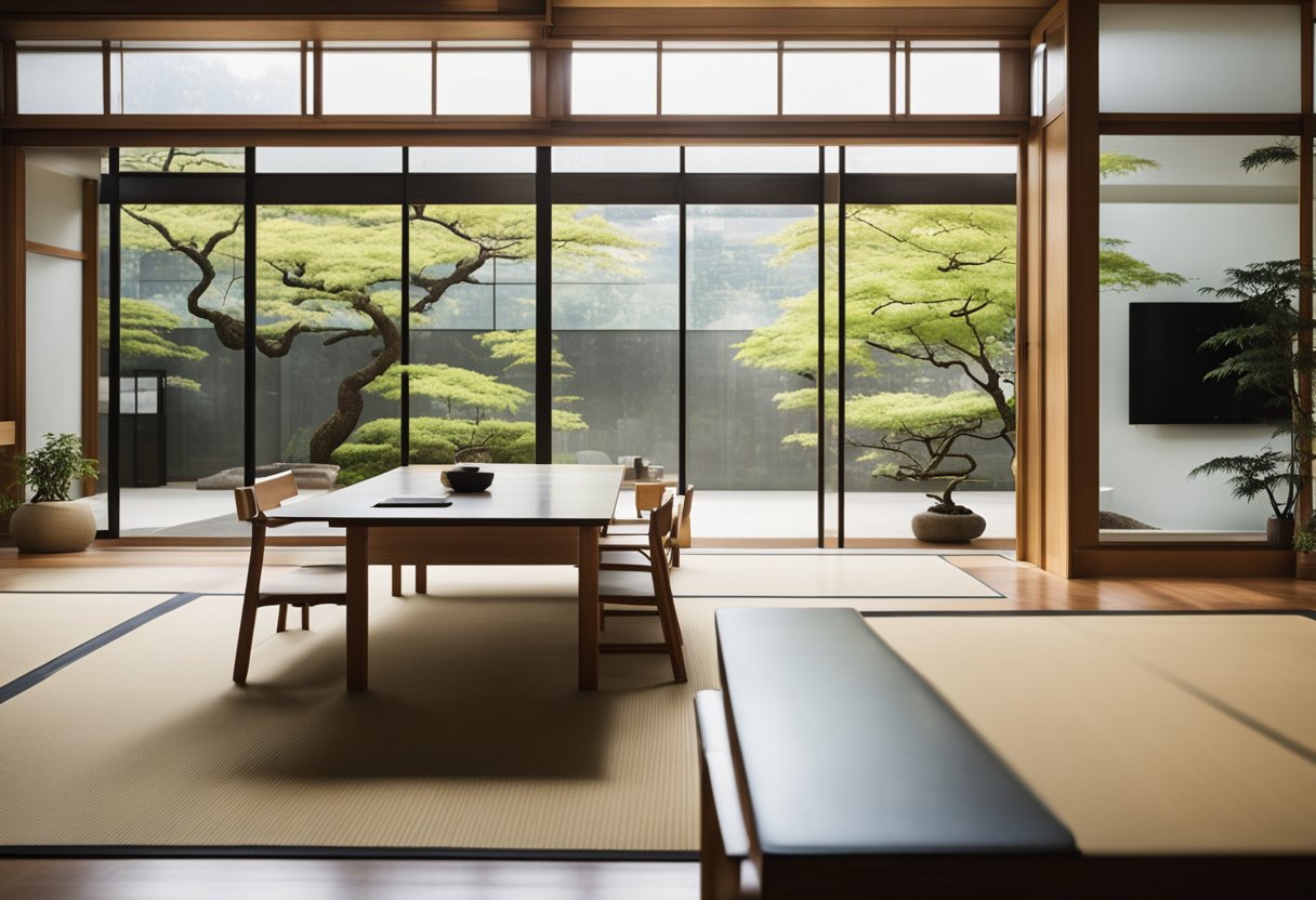 Modern Japanese office design: Minimalist furniture, sliding doors, natural light, and clean lines. Zen garden and traditional shoji screens add tranquility