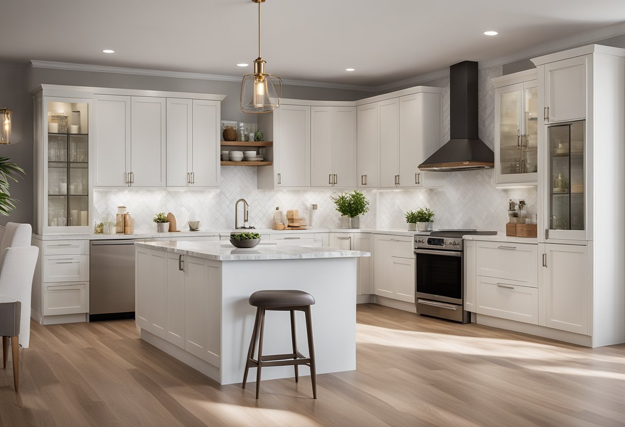 A clean, modern kitchen with white cabinets and marble countertops. A spacious living room with hardwood floors and large windows. Bright, neutral colors throughout the house