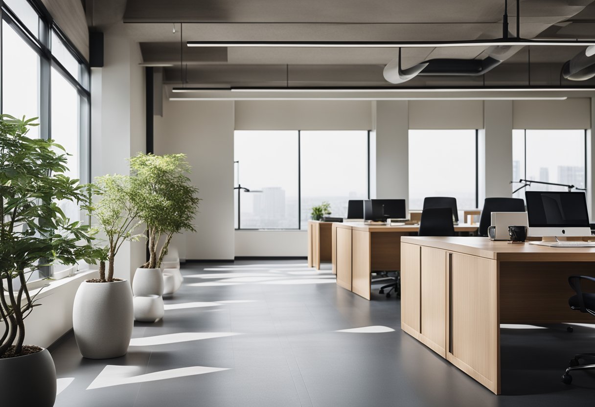 A sleek, minimalist office space with clean lines, natural light, and a blend of traditional Japanese elements and modern design features