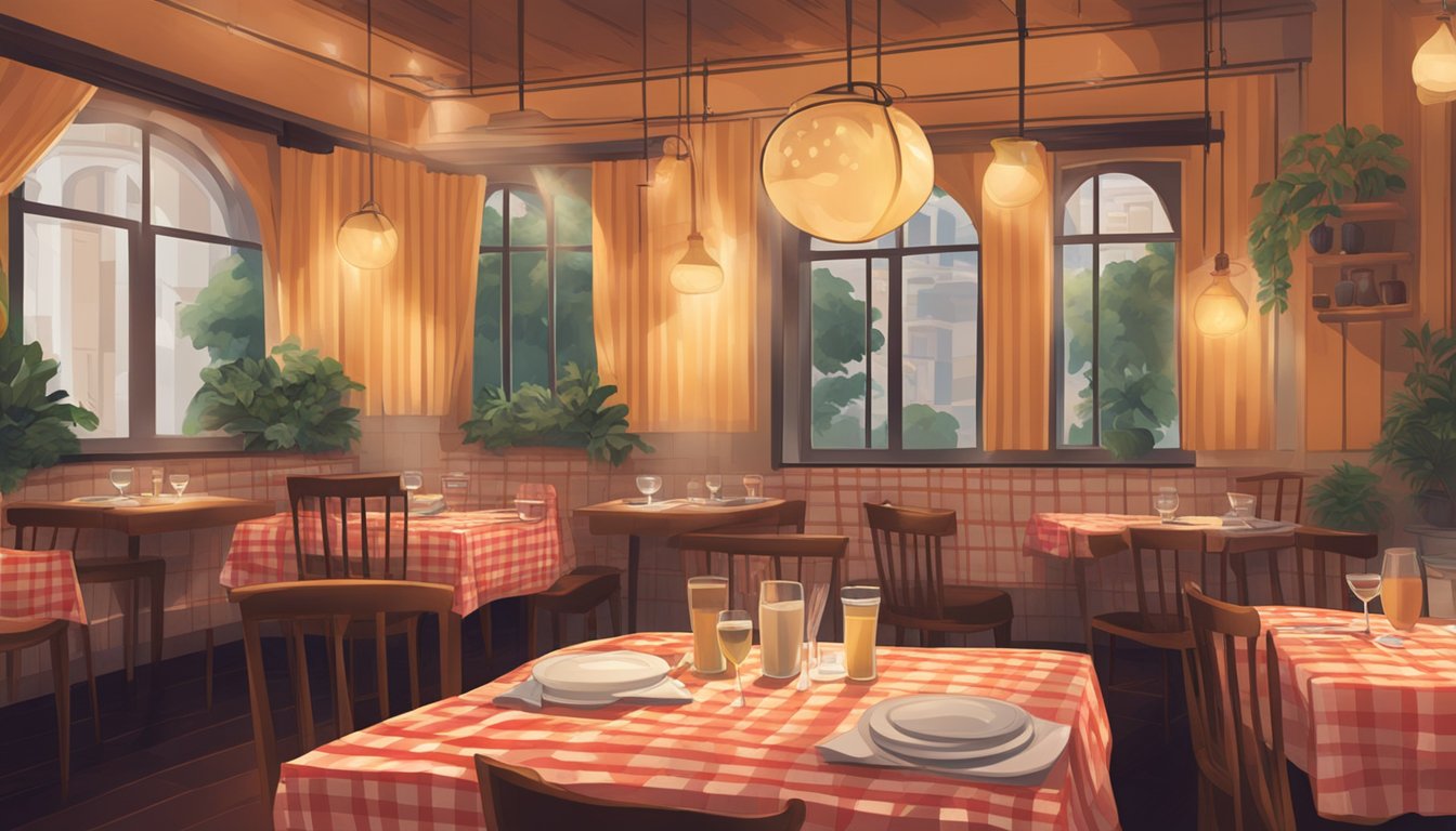 A cozy Italian restaurant in Singapore, with steaming plates of pasta, checkered tablecloths, and warm, dim lighting