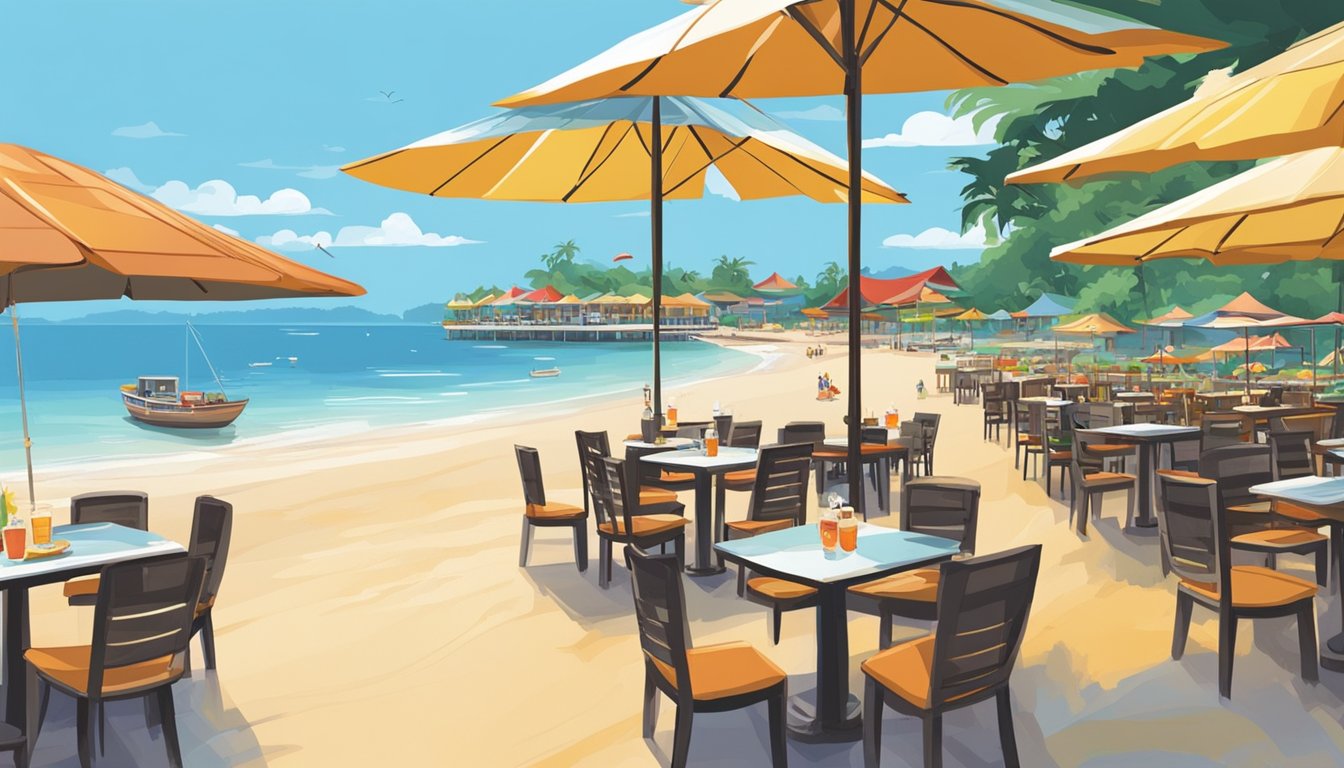 Colorful bintan restaurants line the sandy shore, with outdoor seating and umbrellas. The aroma of sizzling seafood fills the air as customers enjoy the ocean view