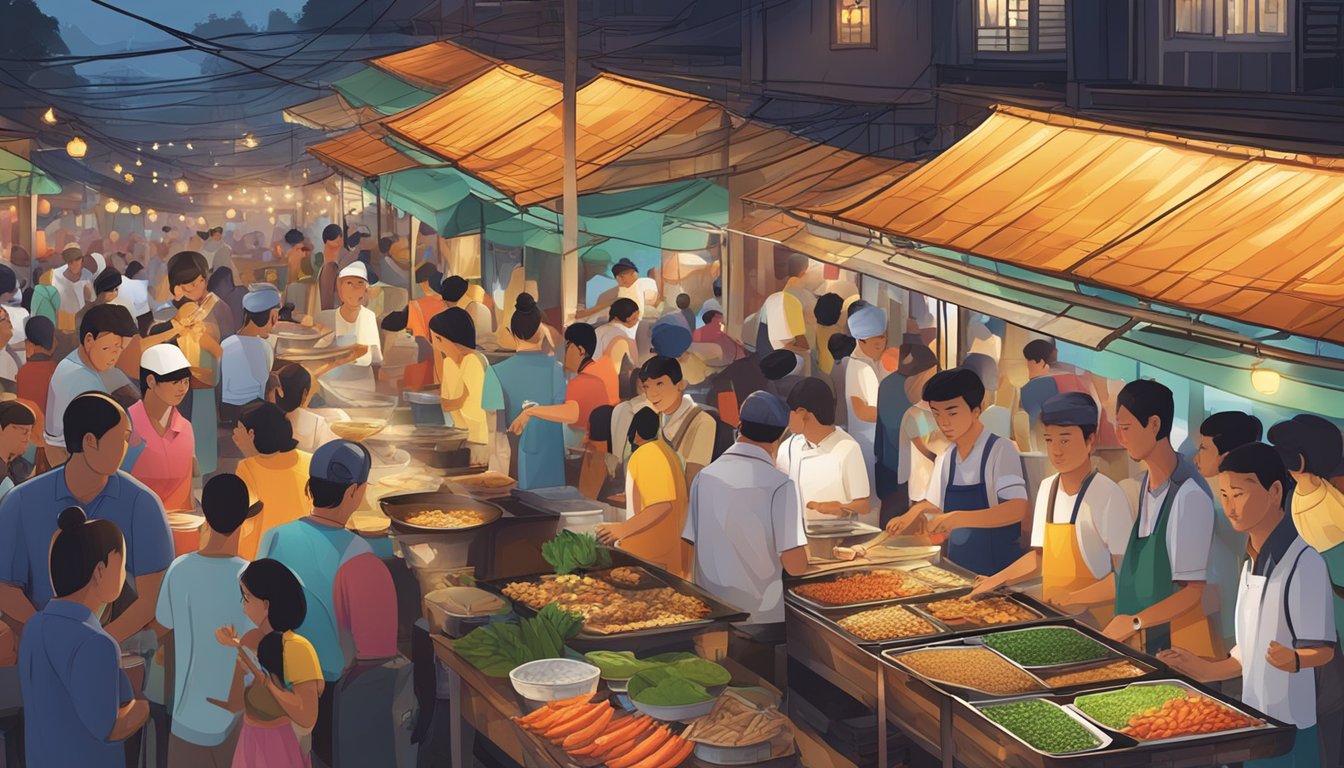 A bustling night market with colorful food stalls, sizzling grills, and aromatic spices. Diners sampling local seafood, satay, and traditional Indonesian dishes