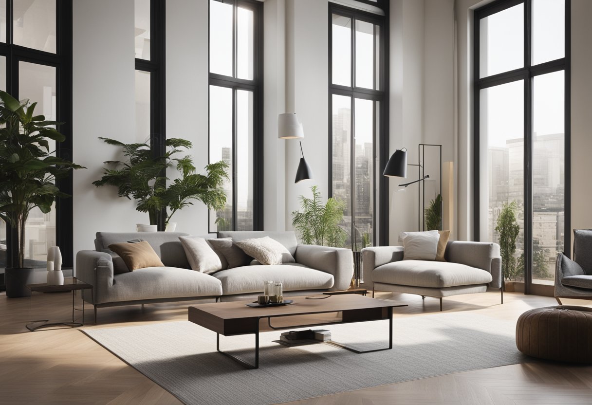 A modern, spacious living room with high ceilings and large windows, filled with natural light and minimalist furniture