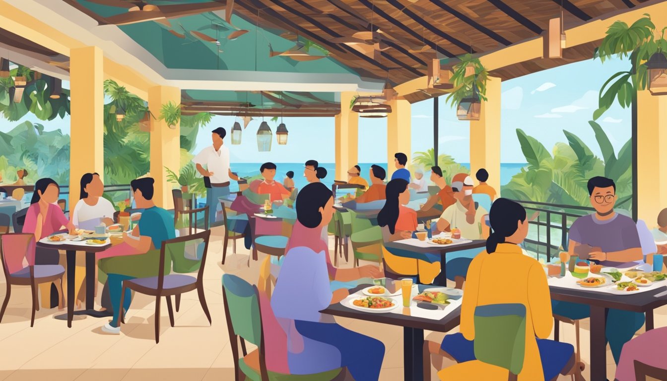 A bustling dining scene at Bintan restaurants, with colorful tables, delicious food, and happy customers enjoying their meals