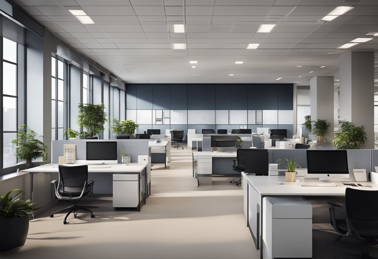 A spacious modular office with sleek, adjustable desks and movable partitions. Natural light floods the open space, creating a modern and flexible work environment