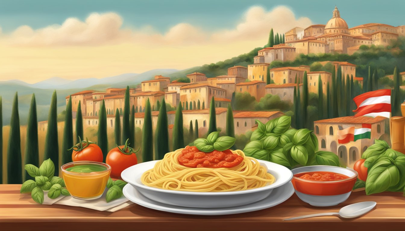 Plates of steaming pasta surrounded by Italian flags, vineyard scenery, and traditional Italian architecture. A warm and inviting atmosphere with the aroma of rich tomato sauce and fresh basil