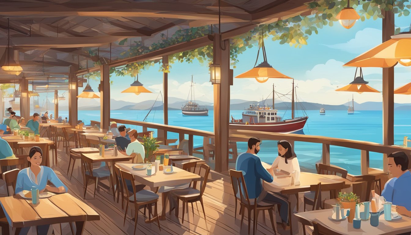 A bustling seafood restaurant with open-air seating, overlooking the sea. Rustic wooden tables and chairs, colorful fishing boats in the background