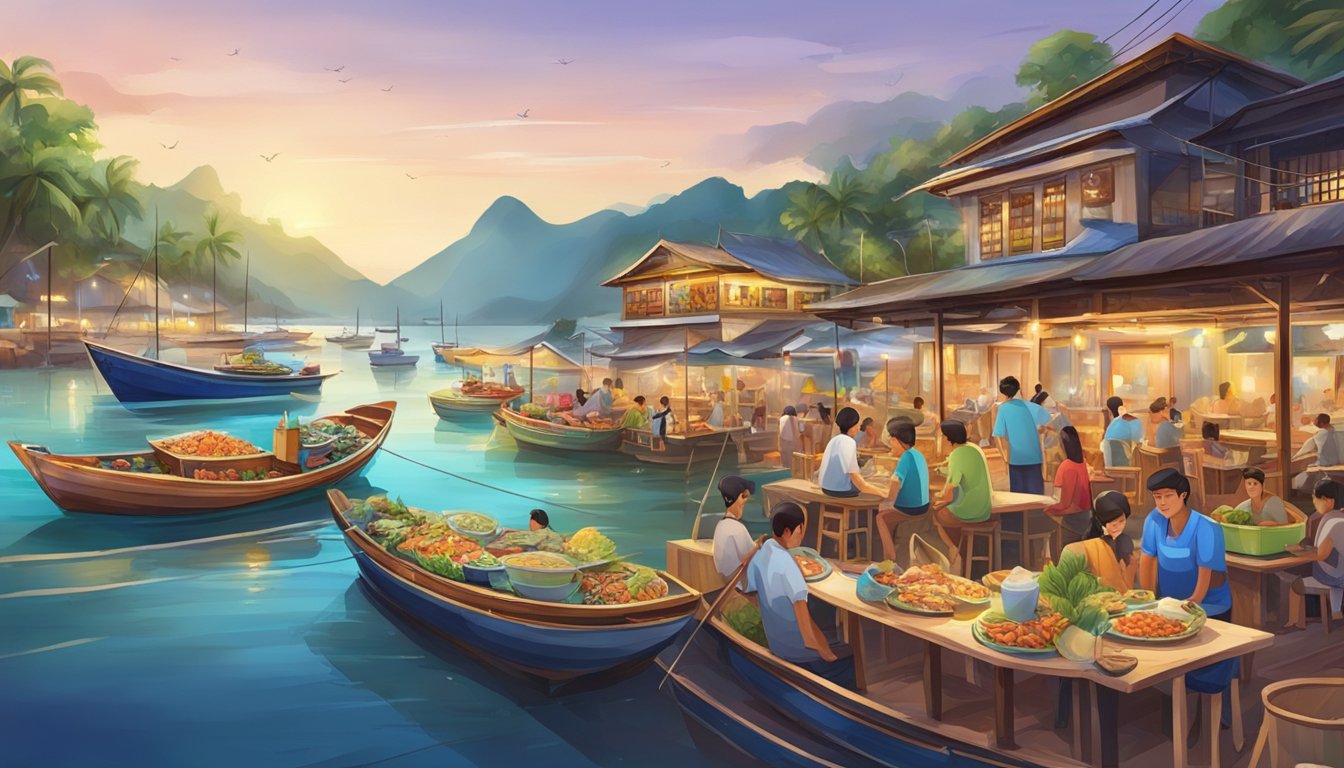 A bustling seafood restaurant at Barelang with colorful boats docked nearby and a lively atmosphere of locals and tourists enjoying fresh, delicious seafood dishes