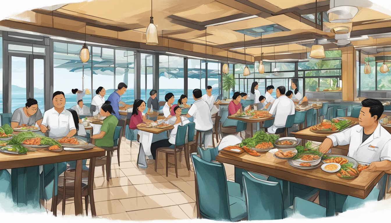 Customers enjoy fresh seafood dishes at the bustling Barelang Seafood Restaurant, with waitstaff serving tables and chefs working in the open kitchen
