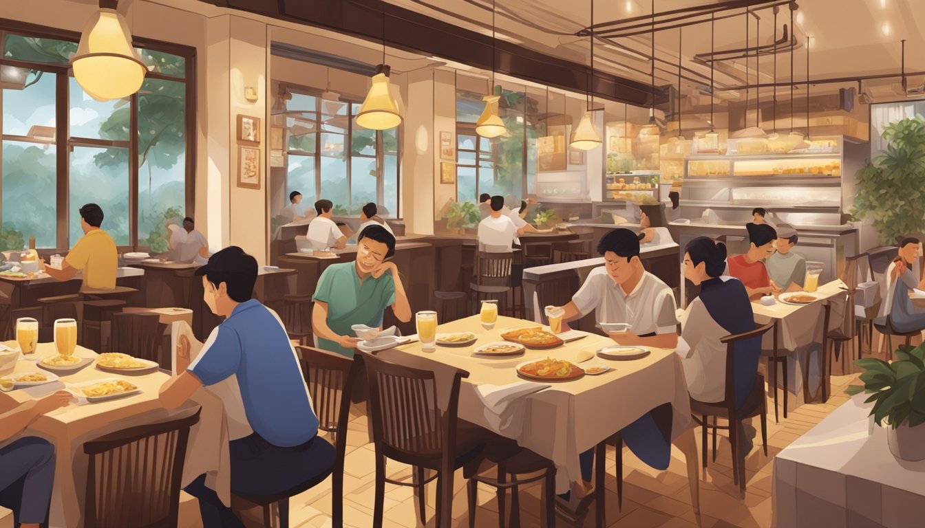 A bustling pasta restaurant in Singapore, with diners enjoying their meals and staff busy serving customers. The ambiance is warm and inviting, with the aroma of delicious pasta filling the air
