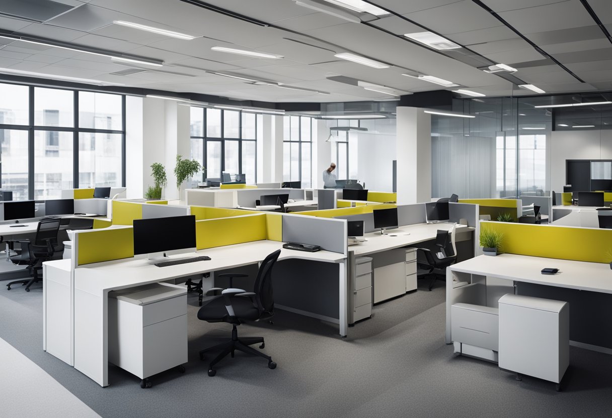 A modern office space with modular furniture, movable partitions, and flexible workstations arranged in a clean and organized layout