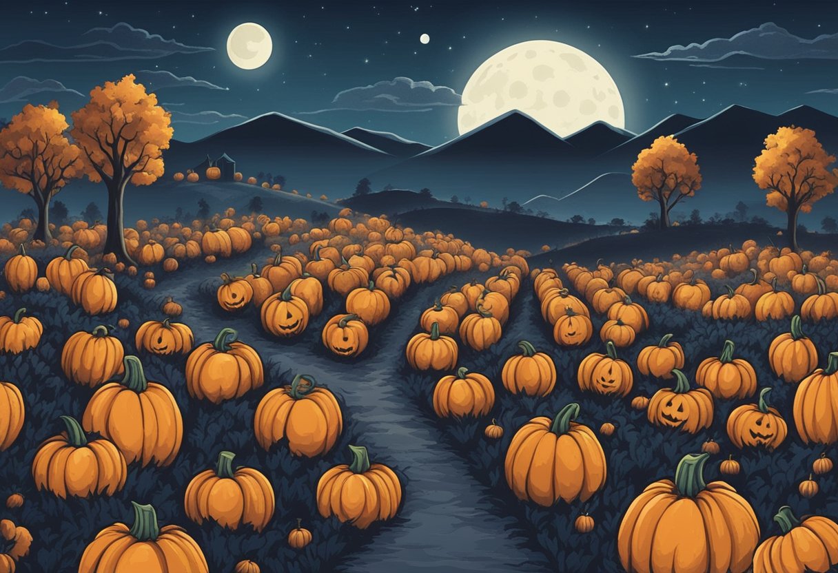 A spooky pumpkin patch with moonlit sky and eerie fog for Halloween baby names illustration