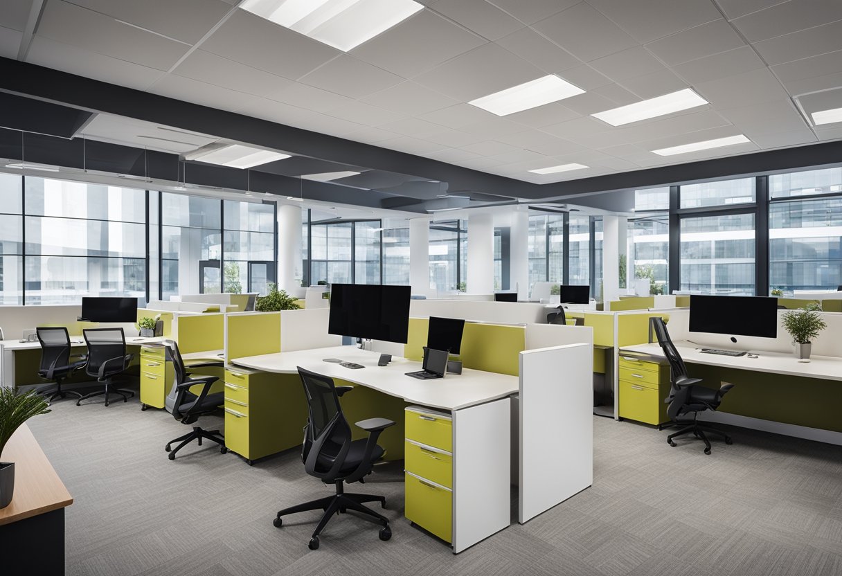 An open office space with modular furniture, flexible partitions, and collaborative work areas. Natural light floods the space, creating a modern and functional environment for employees