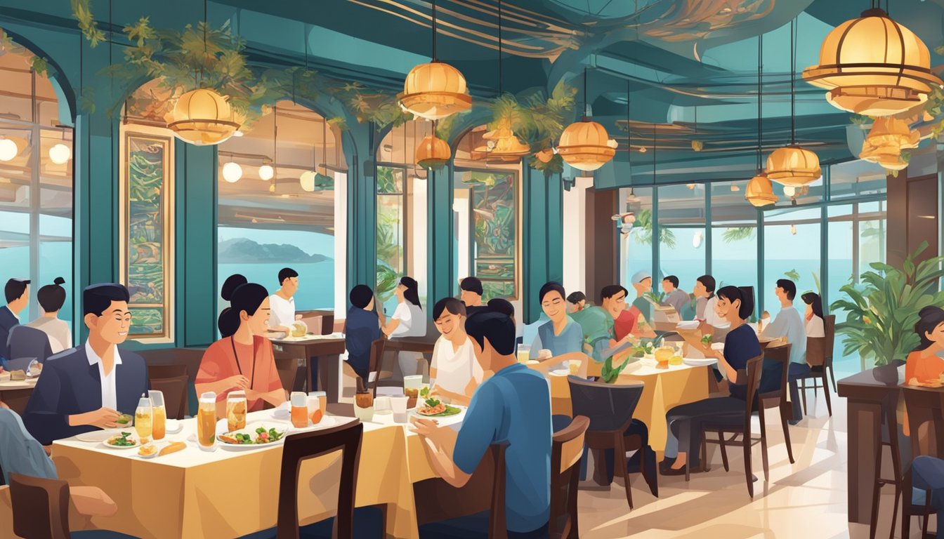Customers savoring fresh seafood dishes in a bustling Singapore restaurant with a vibrant atmosphere and elegant decor