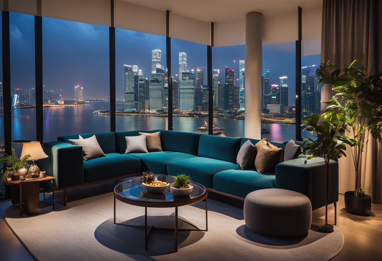 A cozy living room with tiny sofas, tables, and lamps, set against a backdrop of the Singapore skyline