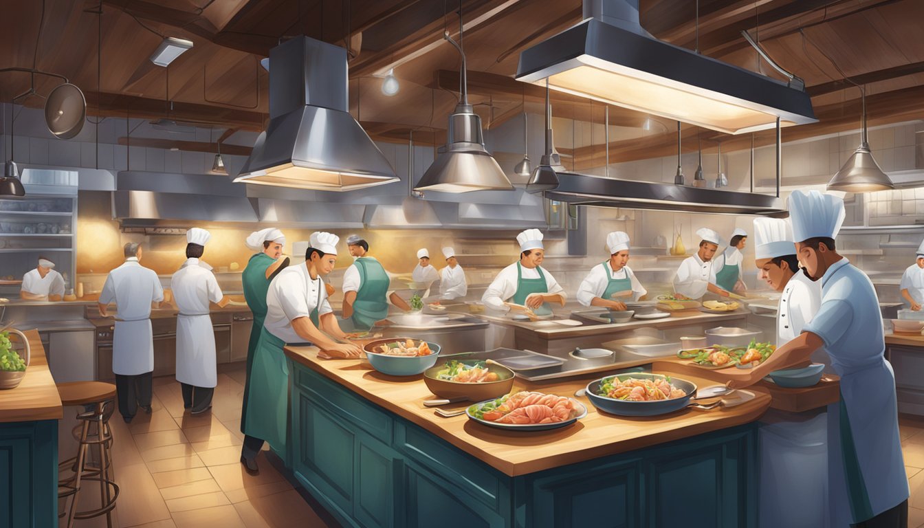 A bustling kitchen with chefs preparing exquisite seafood dishes under the glow of hanging pendant lights