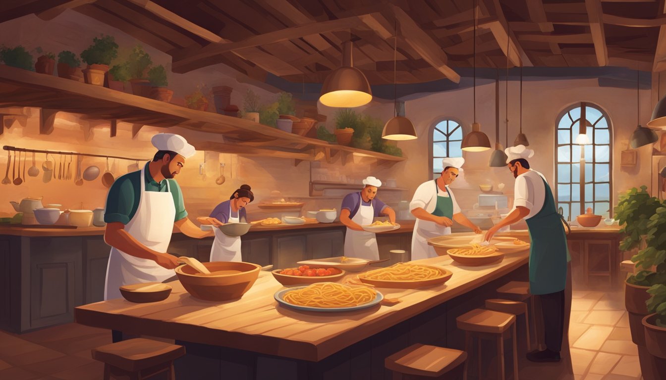 Customers enjoying traditional Italian dishes in a cozy restaurant setting, with warm lighting and rustic decor. A chef prepares fresh pasta in an open kitchen, while aromas of garlic and tomatoes fill the air