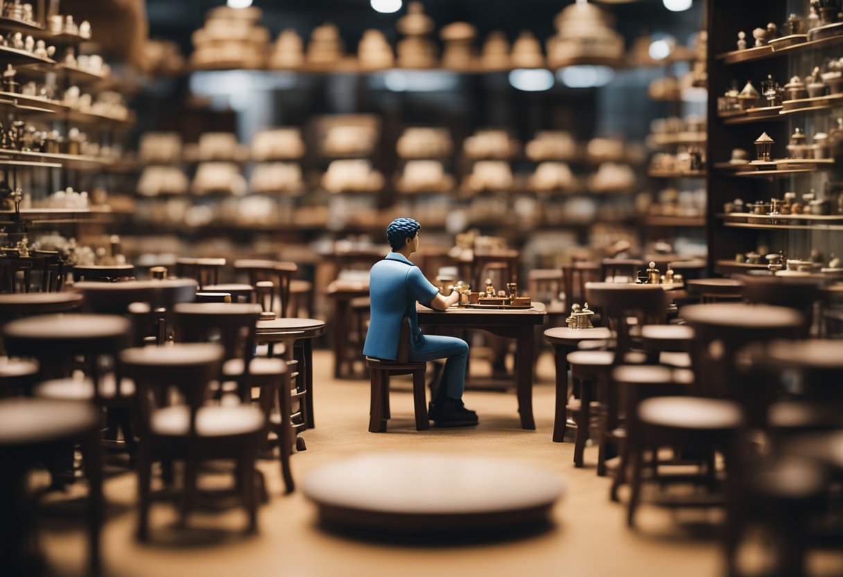 A person examines tiny chairs and tables in a Singapore miniature furniture shop