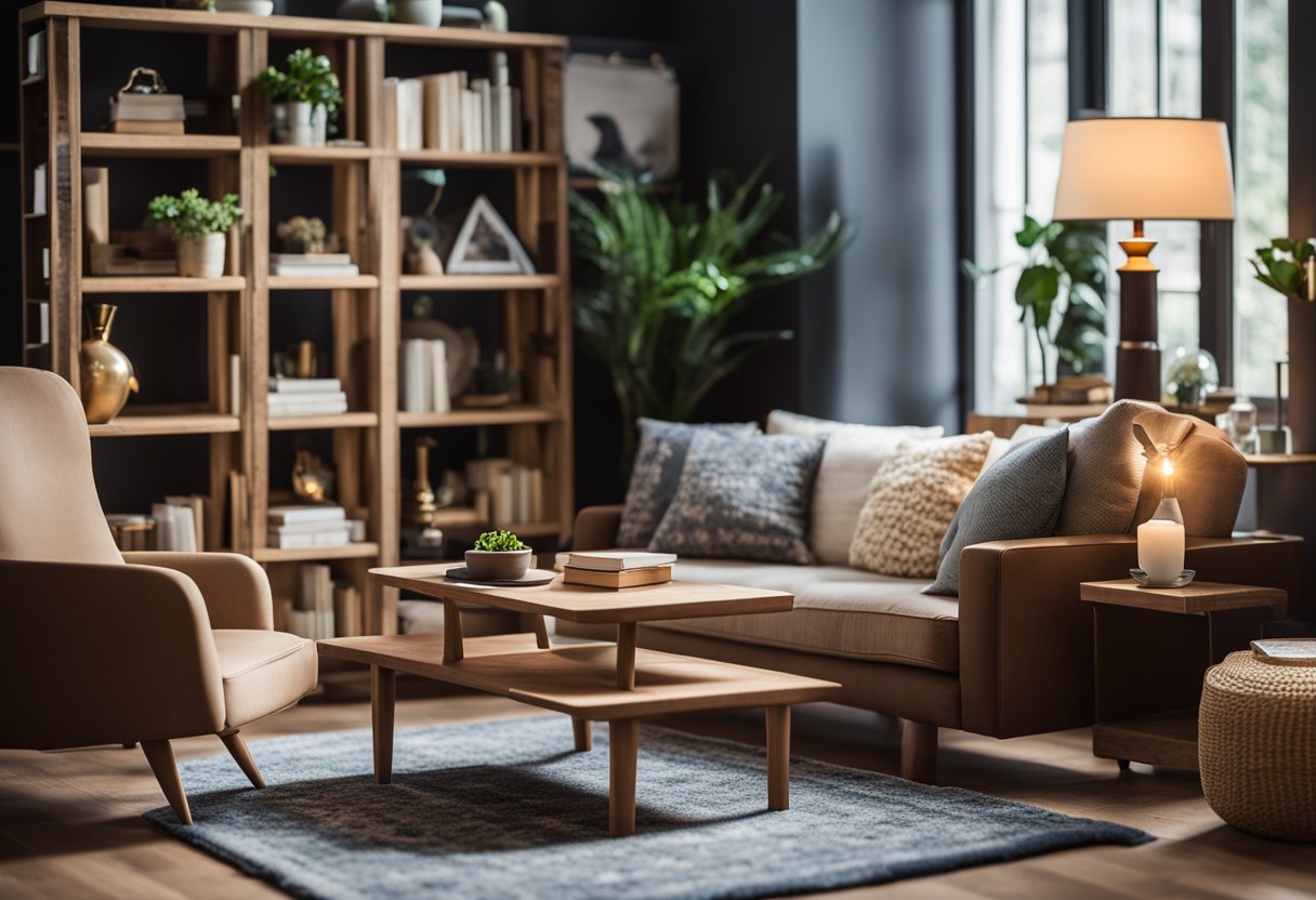 A tiny living room with a miniature sofa, coffee table, and bookshelf. Lamps and rugs add detail to the space