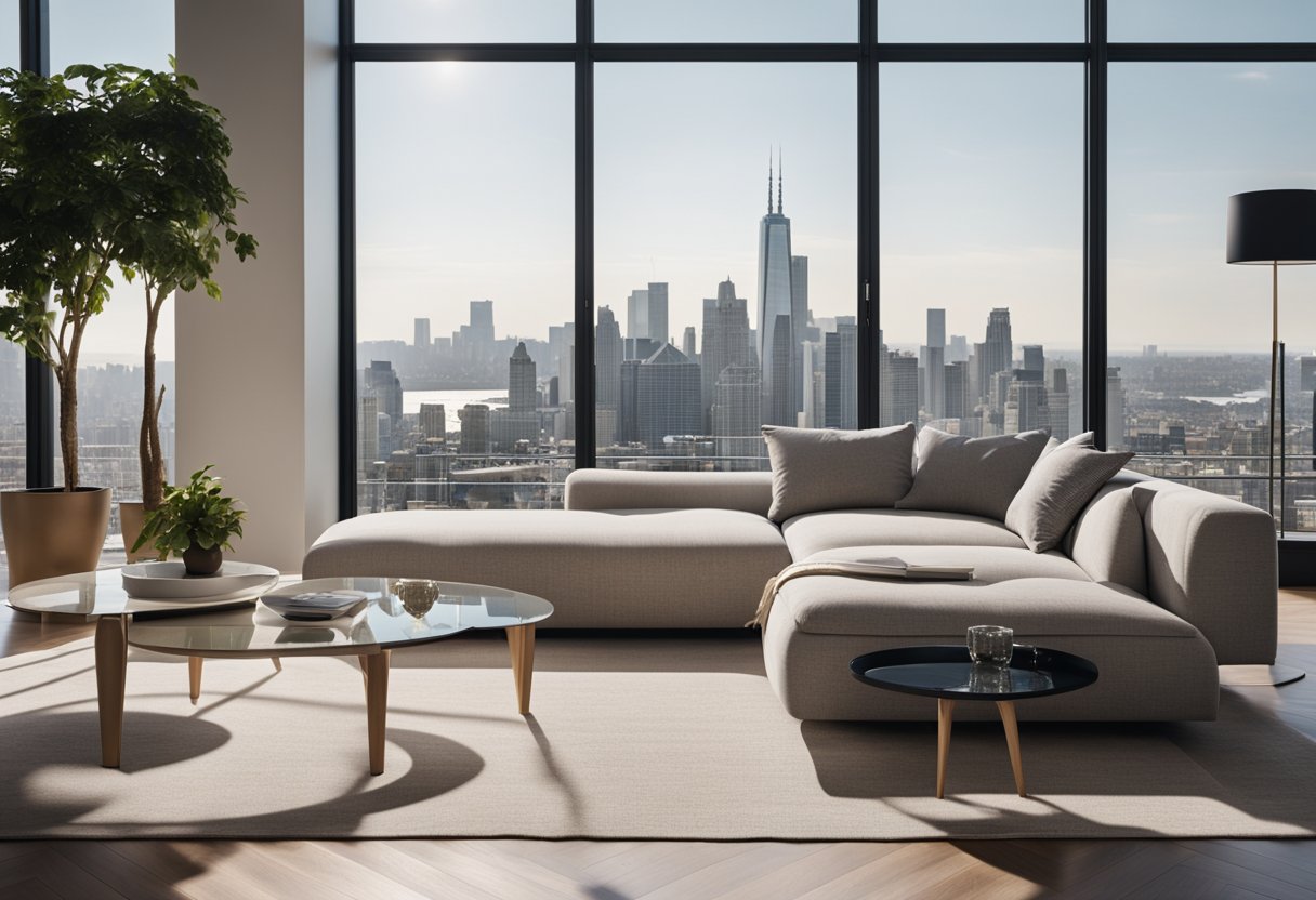 A sleek, minimalist sofa and coffee table sit in a bright, airy living room with floor-to-ceiling windows overlooking the city skyline