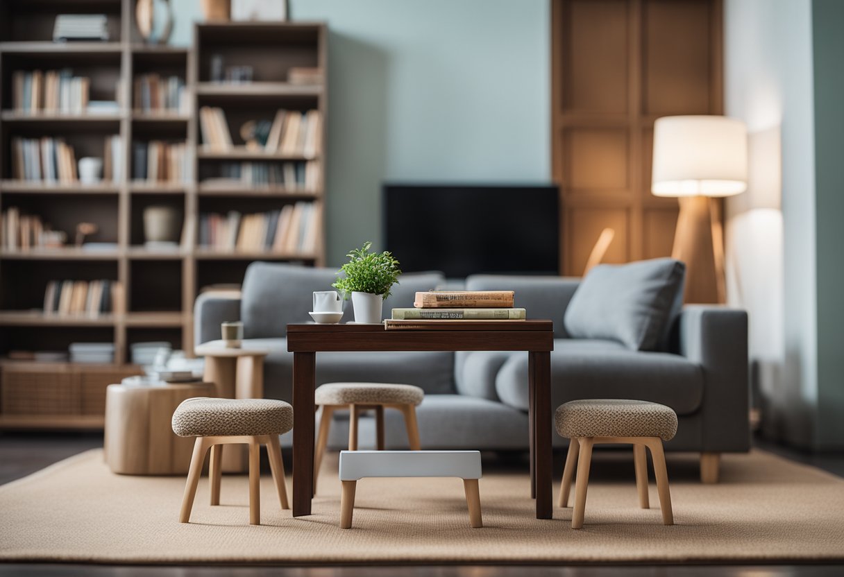 A small table with tiny chairs, a miniature sofa, and a tiny bookshelf with books, all set against a backdrop of a modern Singaporean living room