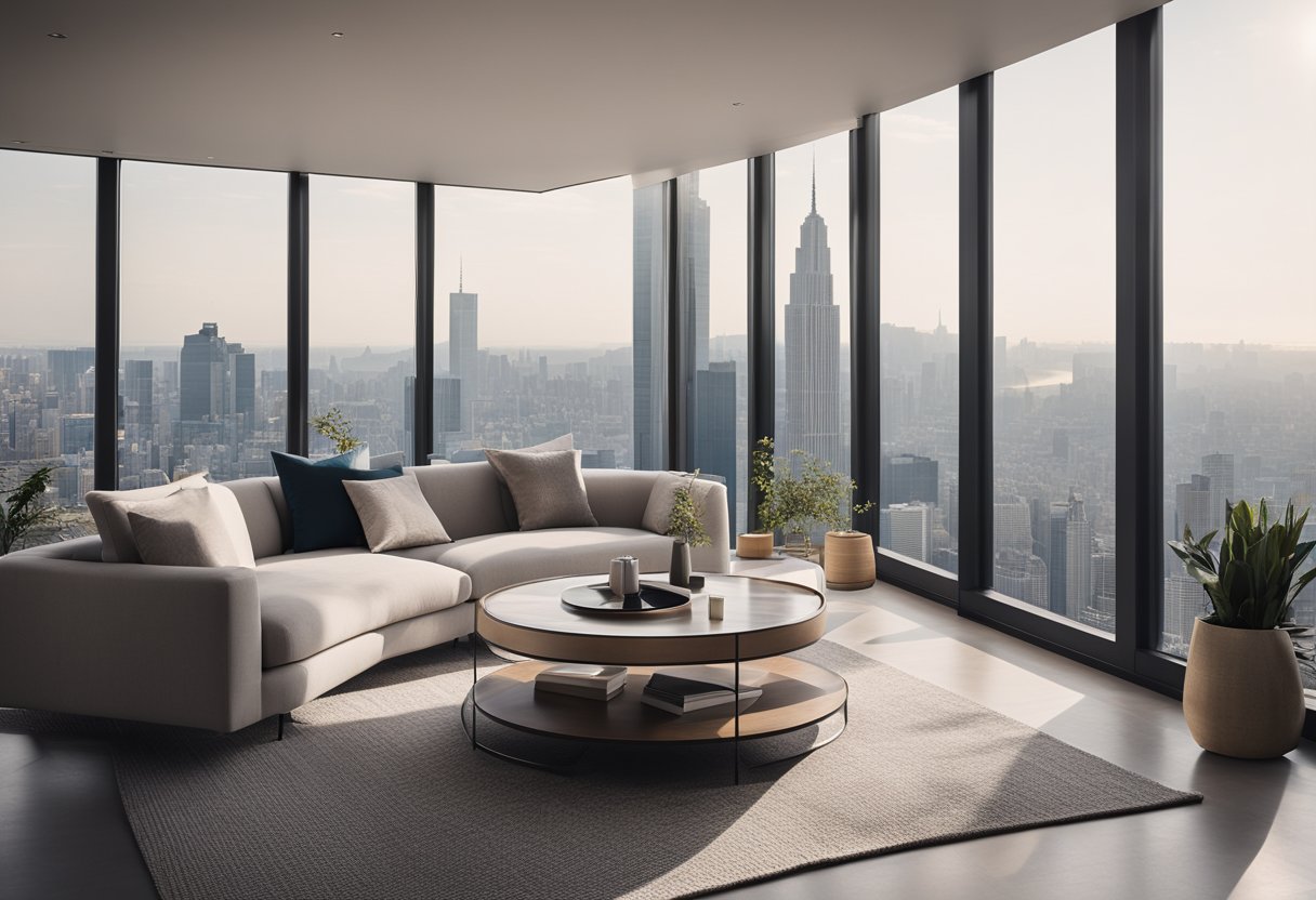 A sleek, minimalist living room with a plush sofa, geometric coffee table, and floor-to-ceiling windows overlooking a city skyline