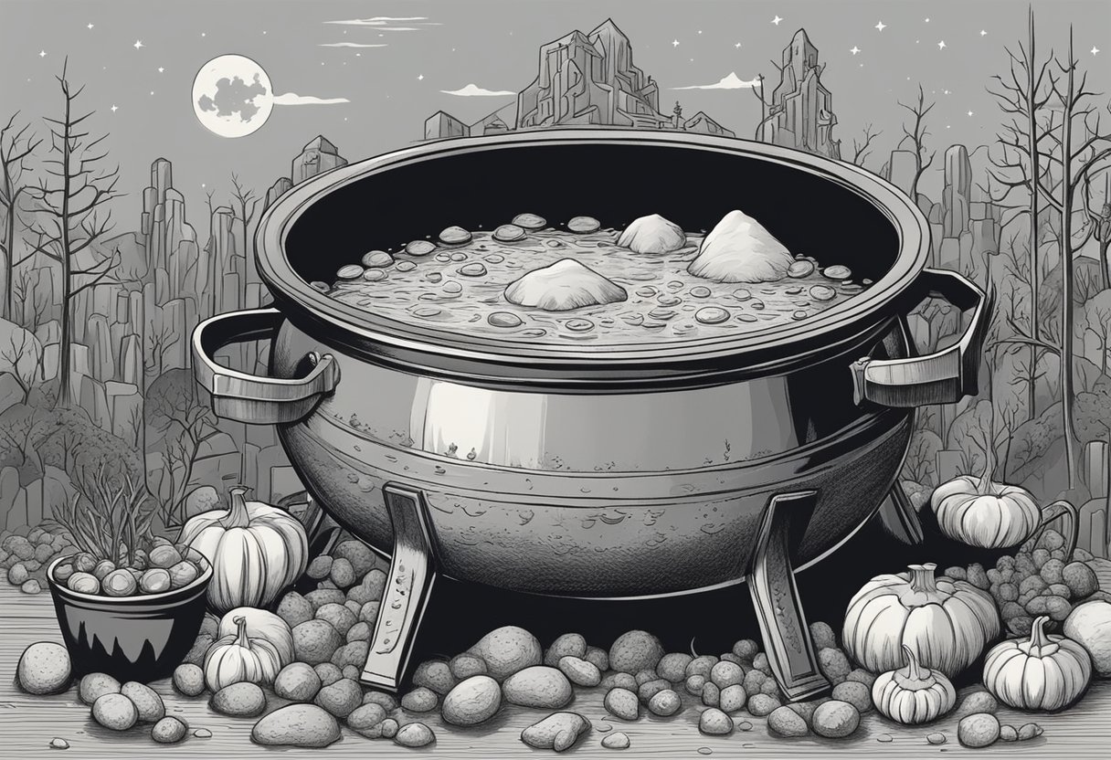 A cauldron bubbling with name ideas, surrounded by spooky decorations and a full moon in the background