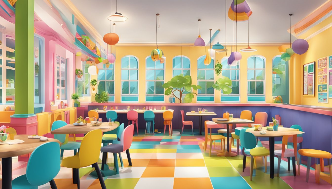 A colorful and vibrant child-friendly restaurant in Singapore, with playful decor and a variety of kid-friendly menu options