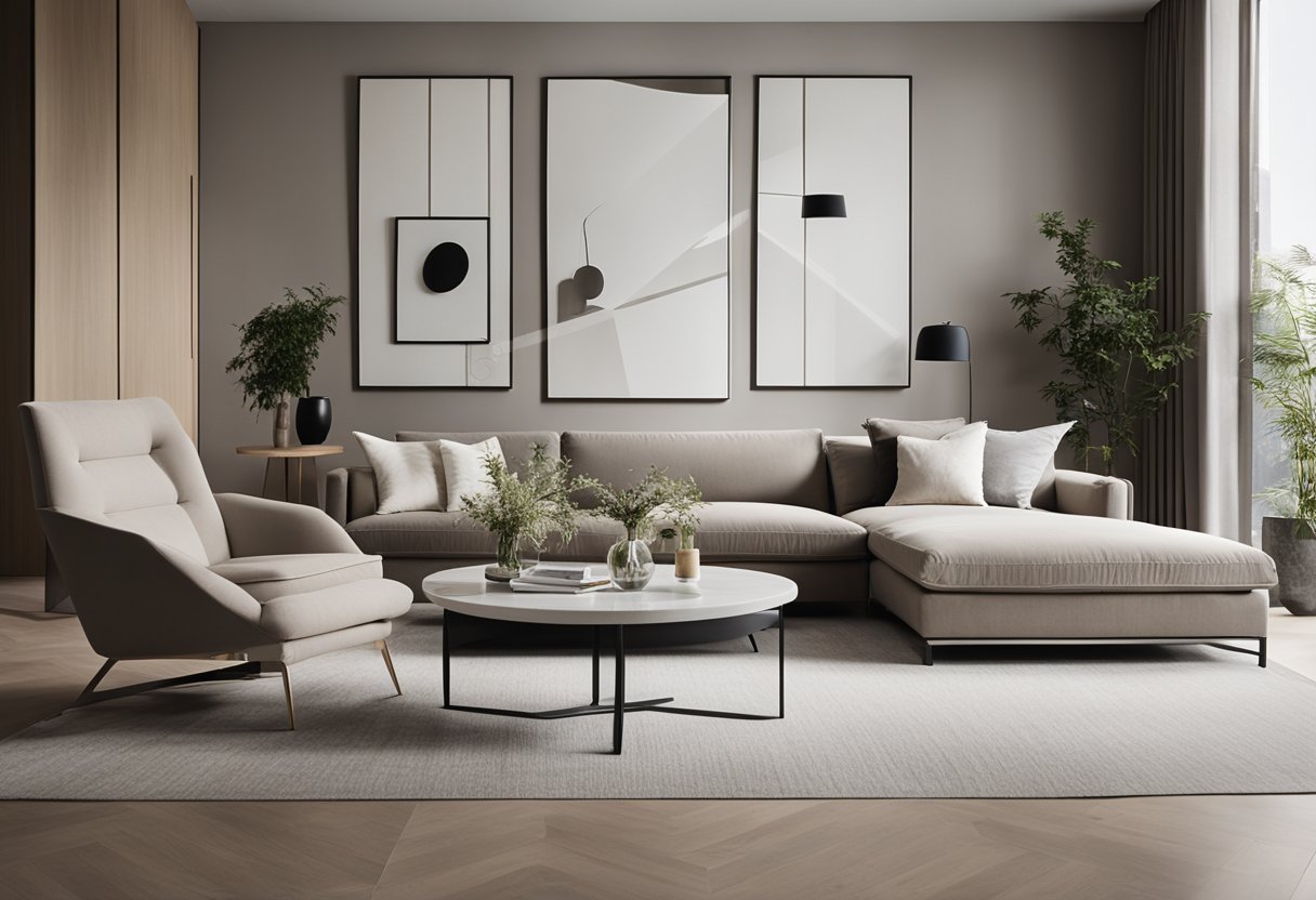 A sleek, minimalist living room with contemporary furniture, clean lines, and neutral tones. A large, comfortable sofa sits in the center, surrounded by stylish coffee tables and modern decor