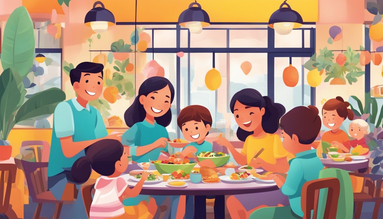 Families enjoying colorful, whimsical dishes at a vibrant restaurant in Singapore. Playful food presentations and happy children add to the lively atmosphere