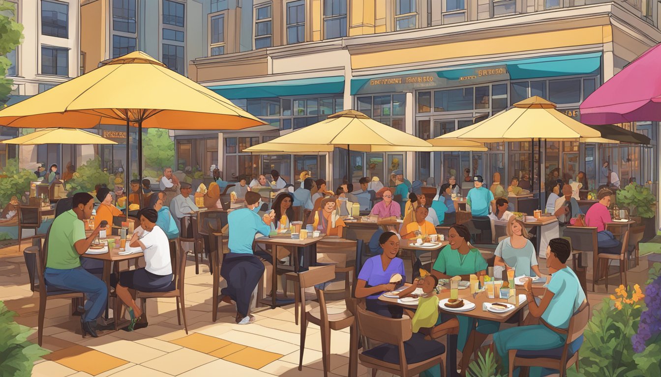 A vibrant dining scene at Century Square, with diverse restaurants and happy patrons enjoying delicious meals